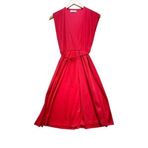 Vintage Entourage T.M Wrap Midi A-Line Dress Size Red Sleeveless Pleated Chic